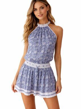 Poupette St Barth Womens Blue/White Halter Mini Dress Size 1